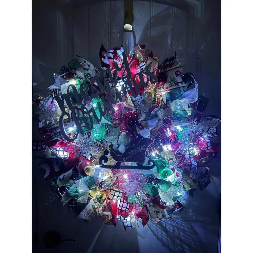 Handmade Christmas Gnome in Sleigh Holiday Ribbon Door Wreath 26 ins LED XLW3